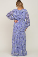 Periwinkle Floral Chiffon Long Sleeve Pleated Maternity Plus Maxi Dress