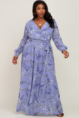 Periwinkle Floral Chiffon Long Sleeve Pleated Maternity Plus Maxi Dress