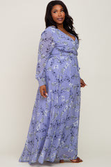 Periwinkle Floral Chiffon Long Sleeve Pleated Plus Maxi Dress