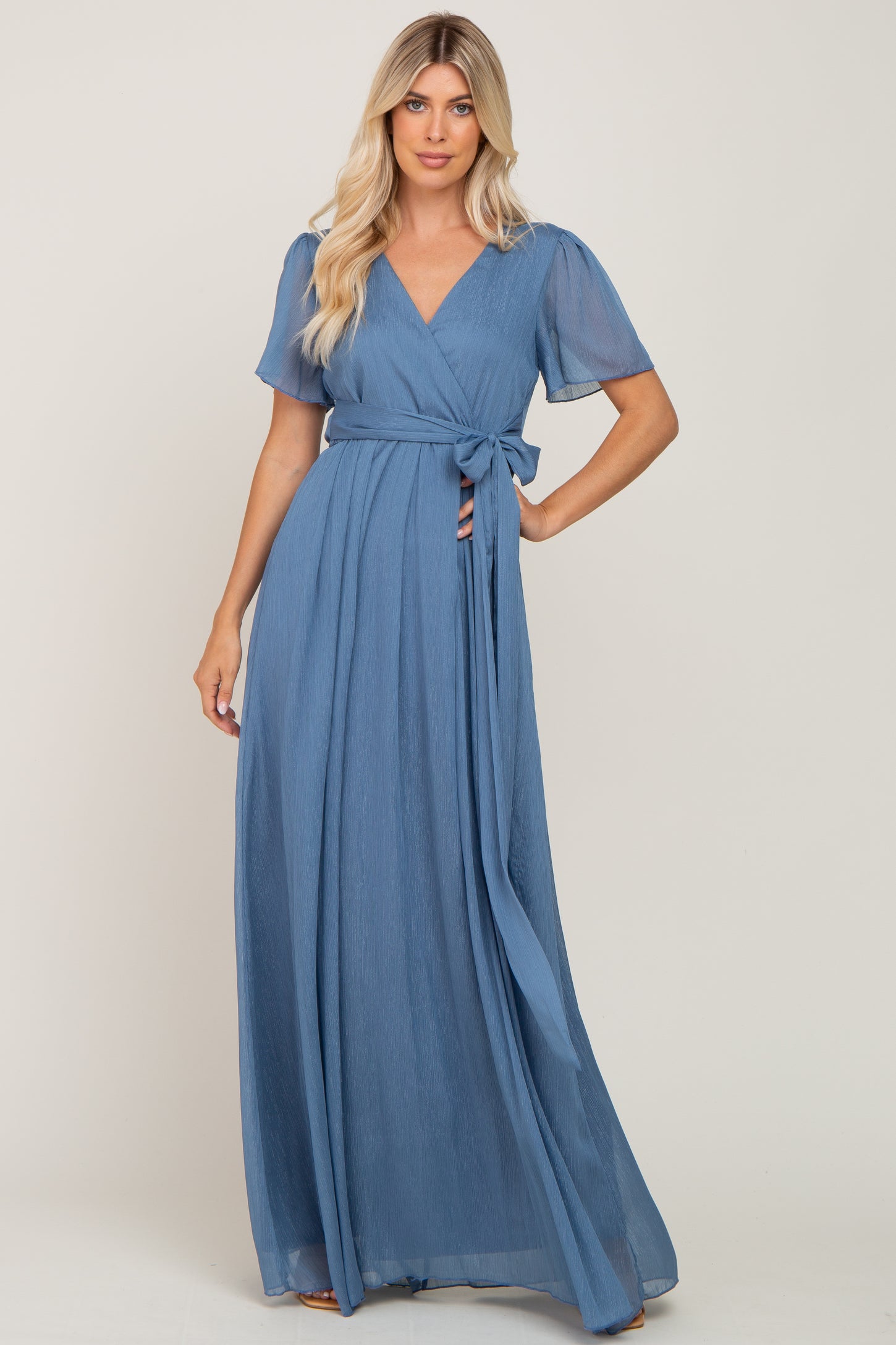 Blue Metallic Shimmer Chiffon Maternity Maxi Dress