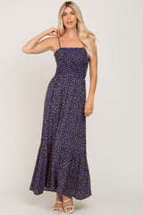 Navy Floral Sleeveless Smocked Maternity Maxi Dress