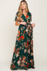 Forest Green Floral Chiffon Wrap Front Short Sleeve Maternity Maxi Dress