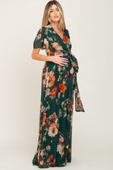 Forest Green Floral Chiffon Wrap Front Short Sleeve Maternity Maxi Dress