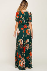 Forest Green Floral Chiffon Wrap Front Short Sleeve Maternity Maxi Dress