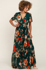 Forest Green Floral Chiffon Wrap Front Short Sleeve Maternity Maxi Dress