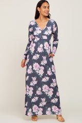 Charcoal Floral Button Front Maternity Maxi Dress