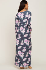 Charcoal Floral Button Front Maternity Maxi Dress