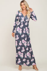 Charcoal Floral Button Front Maternity Maxi Dress