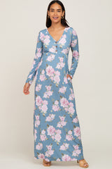 Blue Floral Button Front Maternity Maxi Dress