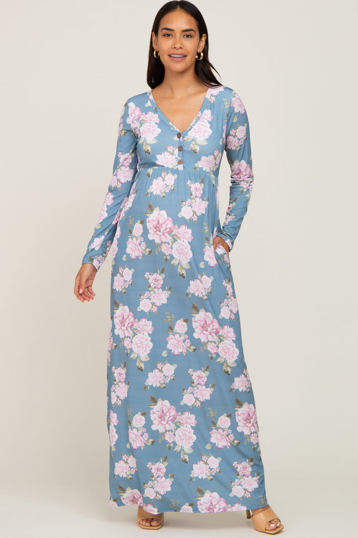 Blue Floral Button Front Maternity Maxi Dress