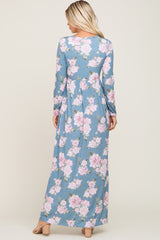 Blue Floral Button Front Maxi Dress