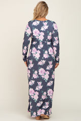 Charcoal Floral Button Front Maternity Plus Maxi Dress