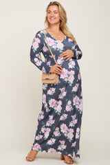 Charcoal Floral Button Front Maternity Plus Maxi Dress