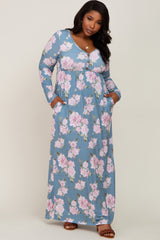 Blue Floral Button Front Maternity Plus Maxi Dress