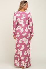 Mauve Floral Button Front Maternity Plus Maxi Dress