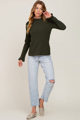 Olive Ribbed Ruffle Neck Long Sleeve Top