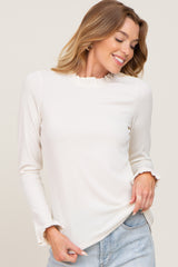 Cream Ribbed Ruffle Neck Long Sleeve Top