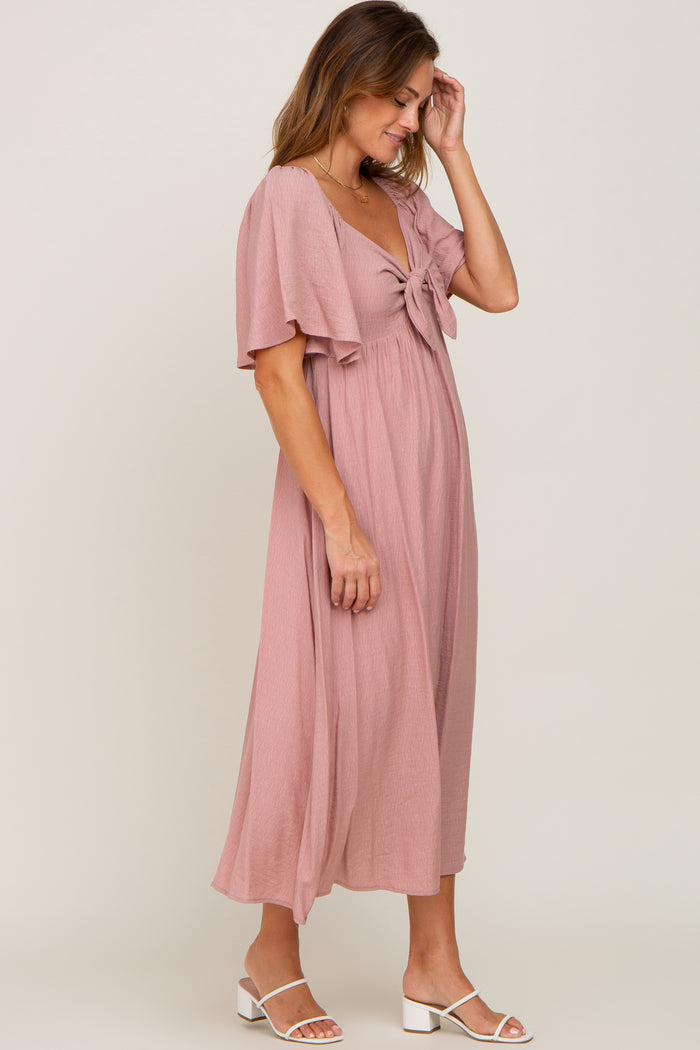 Mauve Front Tie Ruffle Sleeve Midi Dress