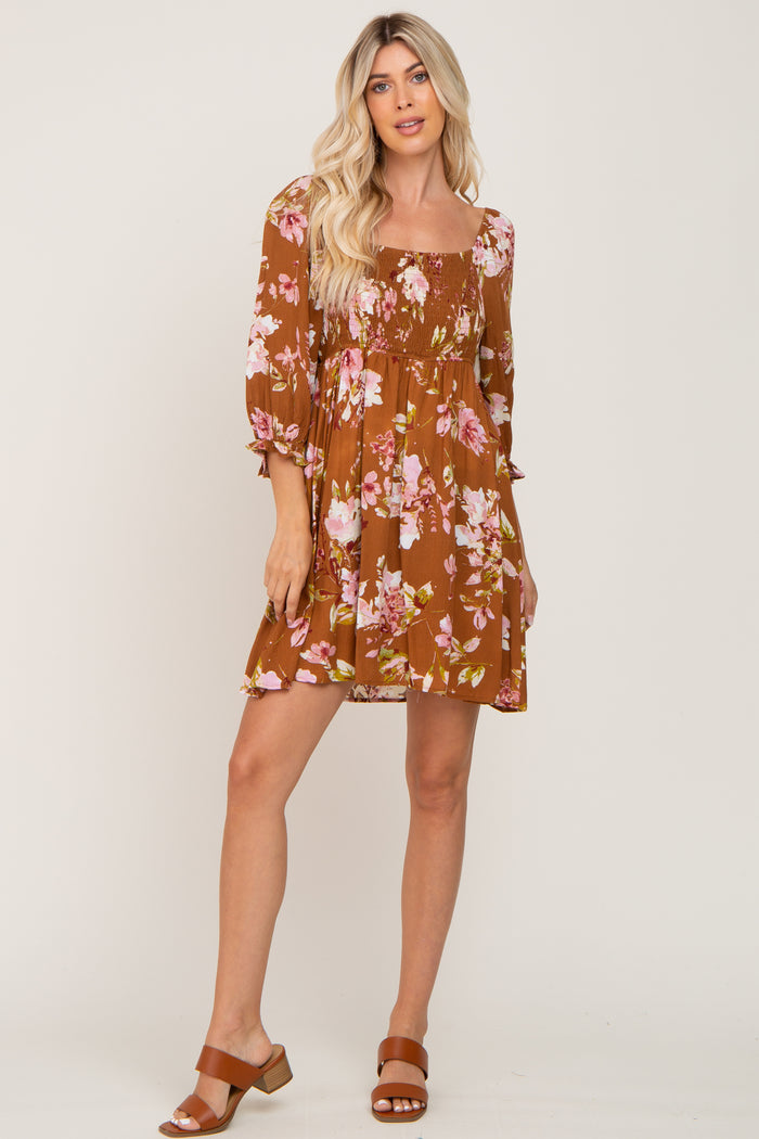 Camel Floral Smocked Dress