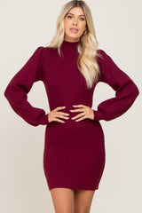 Burgundy Mock Neck Puff Sleeve Maternity Sweater Dress