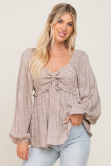 Beige Ditsy Floral Sweetheart Long Sleeve Top