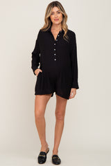 Black Collared Button Front Maternity Romper