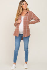 Rust Plaid Button Front Raw Hem Maternity Top