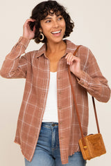 Rust Plaid Button Front Raw Hem Top