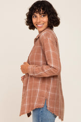 Rust Plaid Button Front Raw Hem Top