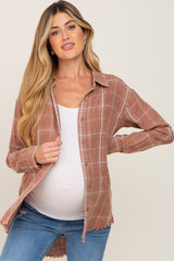 Rust Plaid Button Front Raw Hem Maternity Top