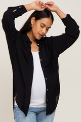 Black Lightweight Front Pocket Button Up Maternity Top