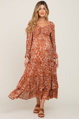 Rust Floral Cutout Smocked Tiered Maternity Maxi Dress