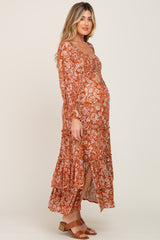 Rust Floral Cutout Smocked Tiered Maternity Maxi Dress