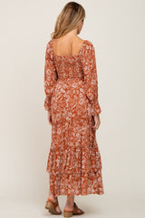 Rust Floral Cutout Smocked Tiered Maternity Maxi Dress