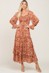 Rust Floral Cutout Smocked Tiered Maxi Dress