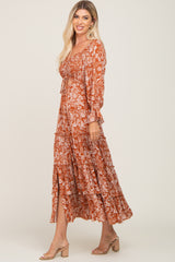 Rust Floral Cutout Smocked Tiered Maxi Dress