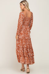 Rust Floral Cutout Smocked Tiered Maxi Dress