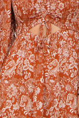 Rust Floral Cutout Smocked Tiered Maxi Dress