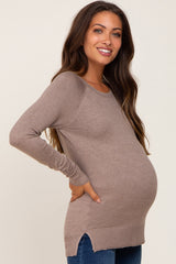 Mocha Ribbed Knit Side Slit Maternity Sweater