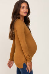 Camel Ribbed Knit Side Slit Maternity Sweater