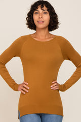 Camel Ribbed Knit Side Slit Sweater