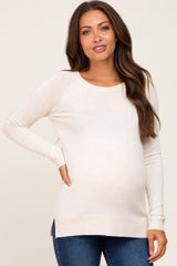 Beige Ribbed Knit Side Slit Maternity Sweater