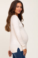 Beige Ribbed Knit Side Slit Maternity Sweater