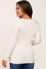 Beige Ribbed Knit Side Slit Maternity Sweater