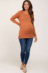 Rust Ribbed Knit Side Slit Maternity Sweater