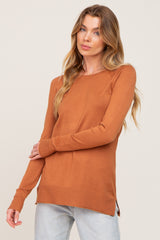 Rust Ribbed Knit Side Slit Sweater