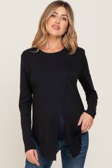 Black Solid Front Overlap Maternity Long Sleeve Top