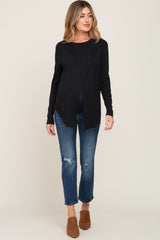 Black Solid Front Overlap Maternity Long Sleeve Top