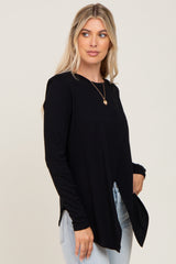 Black Solid Front Overlap Long Sleeve Top