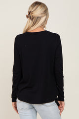 Black Solid Front Overlap Long Sleeve Top